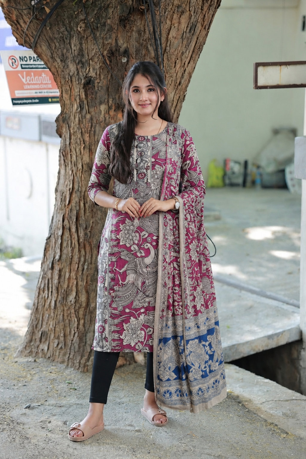 Block printed kalamkari cotton Maternity 2 pc chudidhar set [ Top with double side zip, and dupatta - Pink and sandal flower