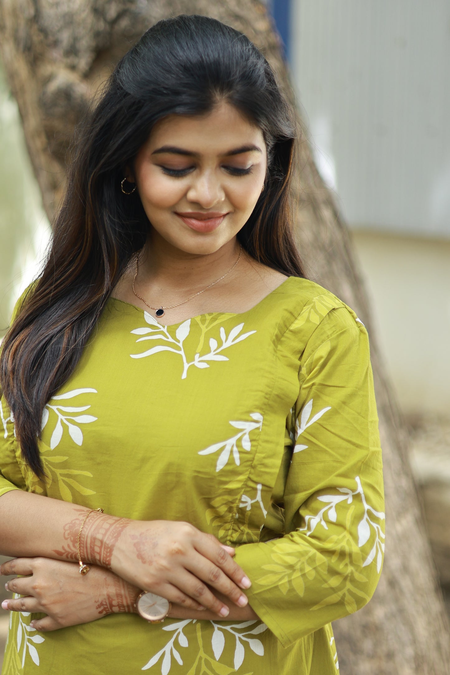 Cotton /Maternity 3 pc chudidhar set [ A line Top with double side zip, pant and dupatta] -Olive green ( No side open top)