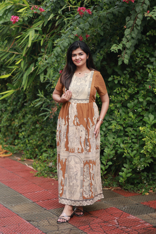 Kalamkari Cotton Maternity Feeding Gown/ Maxi /double side zip– Brown with Sandal