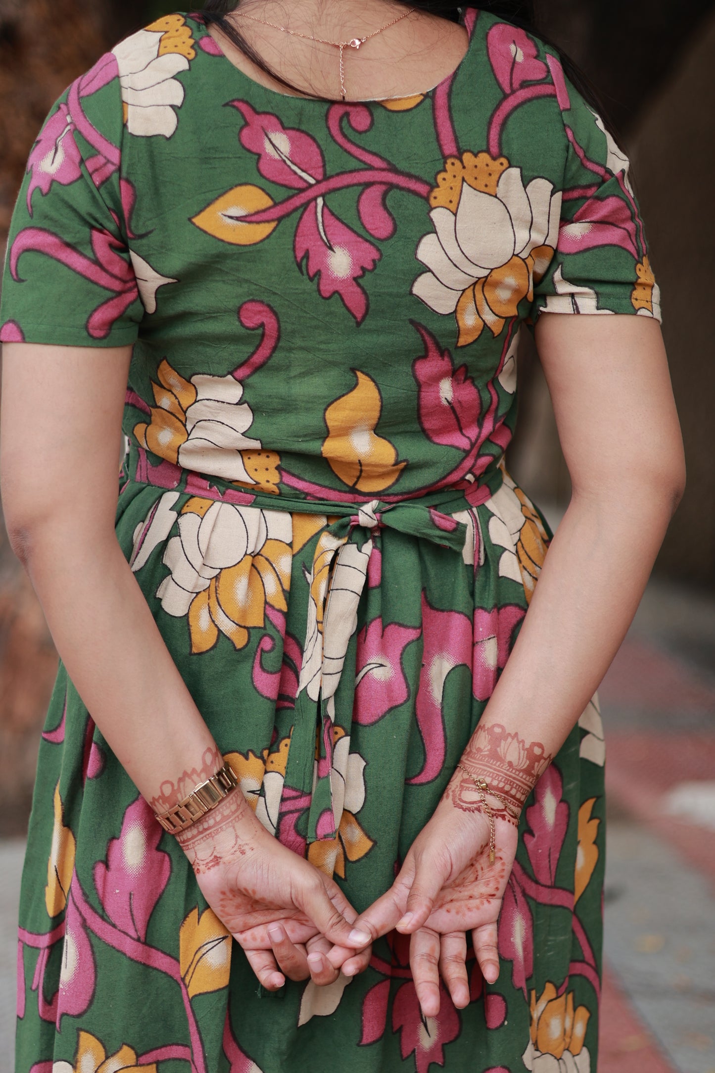 Kalamkari cotton- Feeding/ Maternity Maxi/Gown - Cotton lining  / Double side zip-Green flower