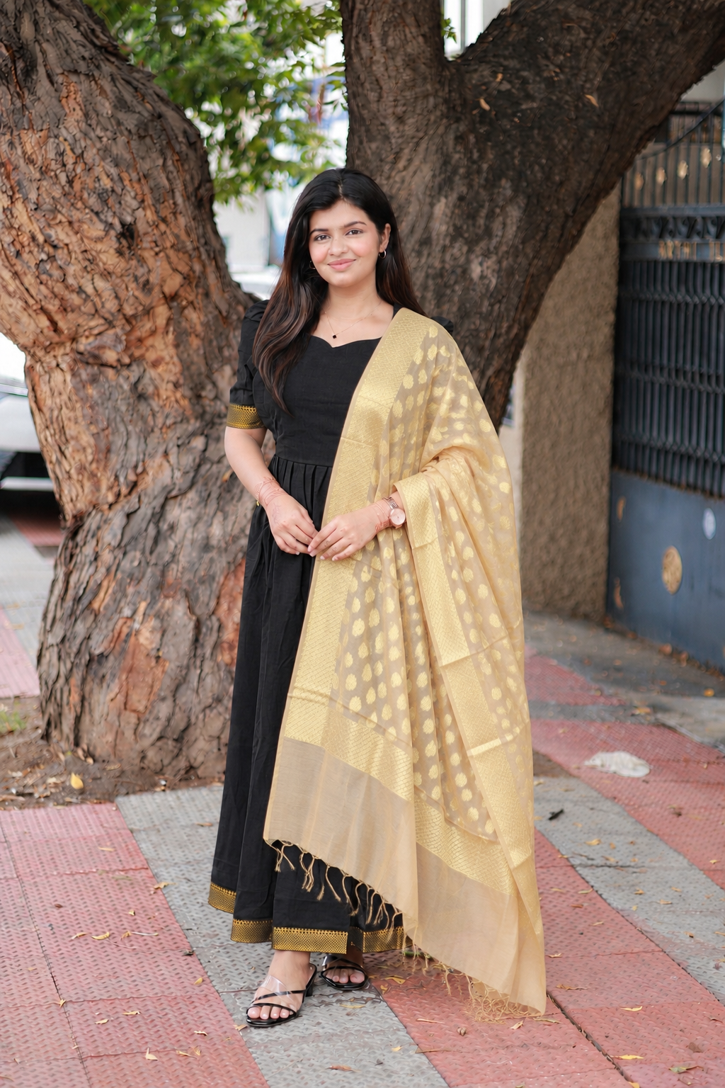 Chettinad Cotton -2 pc set -Maternity Maxi/Gown - Festival Collection -Full cotton lining- Double side zip with dupatta- Black and sandal