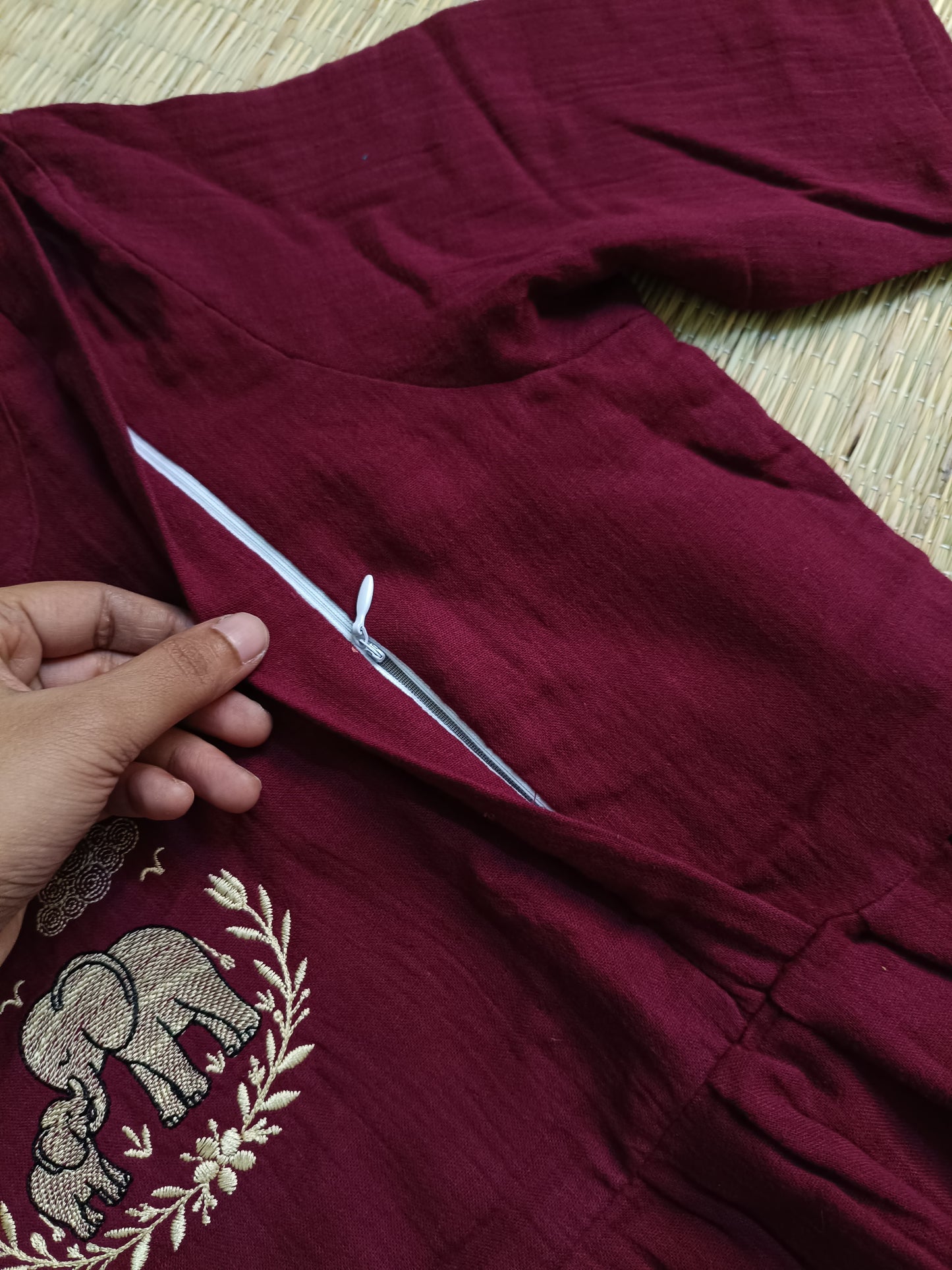 Muslin Cotton Maternity Feeding Dress – Maroon| Double Side Nursing Zip( elephant embroidery Design)