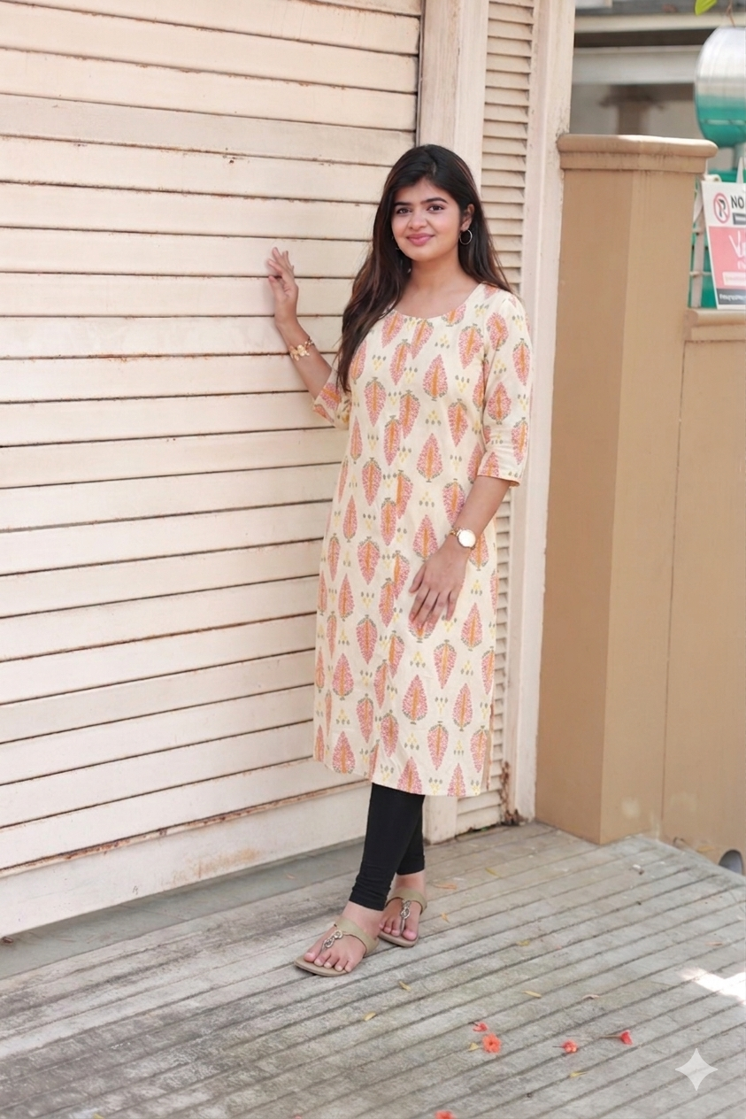 Center zip Cotton   Normal /Feeding kurti -  Leaf White