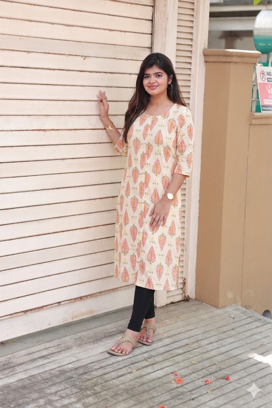 Center zip Cotton   Normal /Feeding kurti -  Leaf White