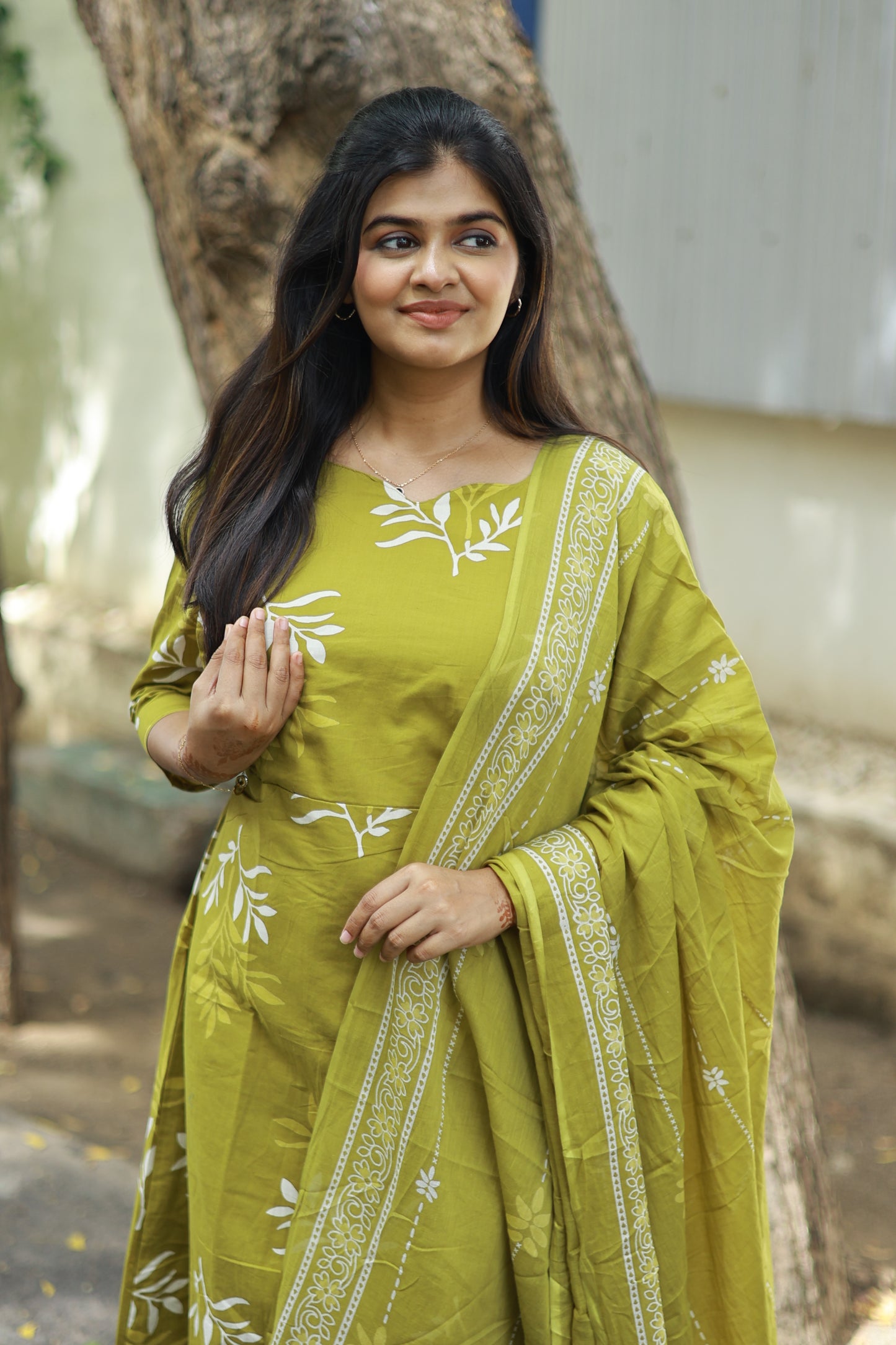 Cotton /Maternity 3 pc chudidhar set [ A line Top with double side zip, pant and dupatta] -Olive green ( No side open top)