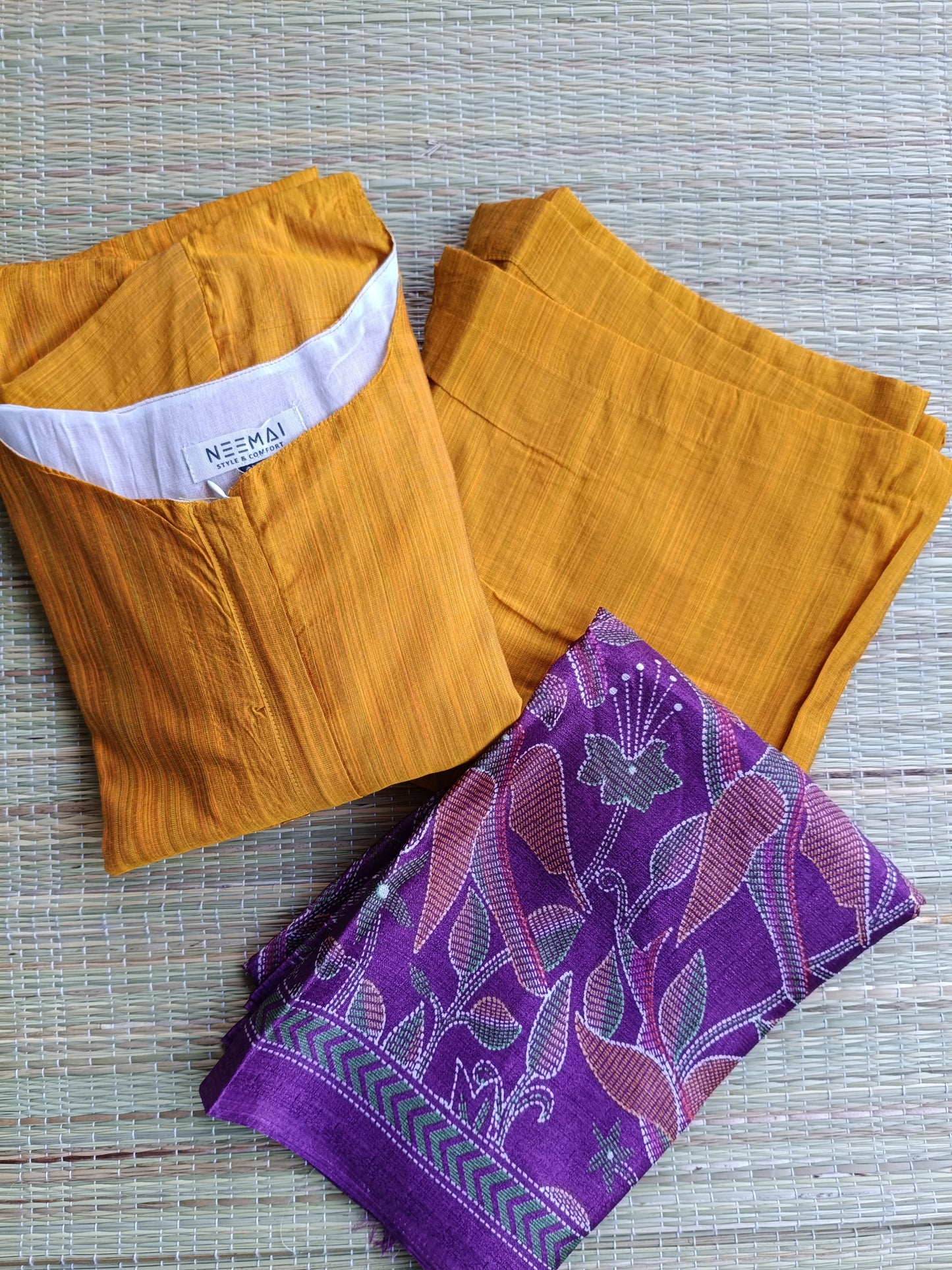 Maternity 3 pc chudidhar set [ Top with center zip, pant and dupatta] - Yellow and purple