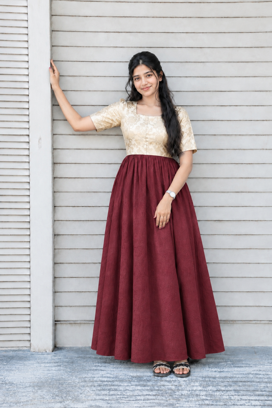 Raw silk Maternity Maxi/Gown in center zip - Festival Collection- Full cotton lining - Gold  with maroon
