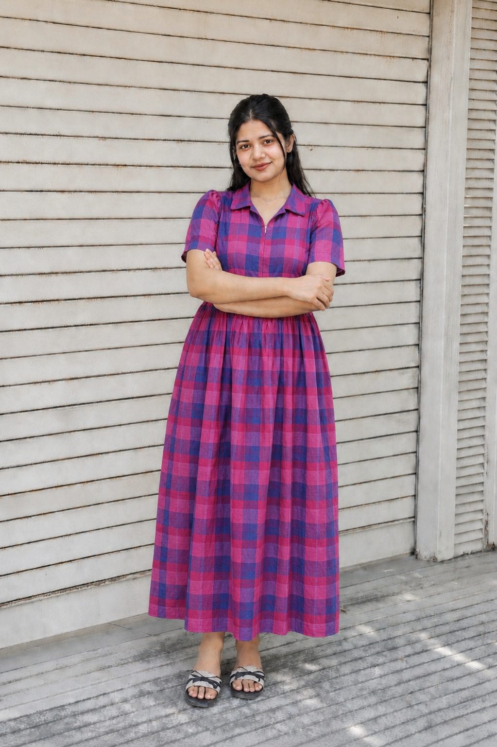 Madras checks Cotton - Feeding/ Maternity Maxi/Gown - Cotton lining /Center zip -pink