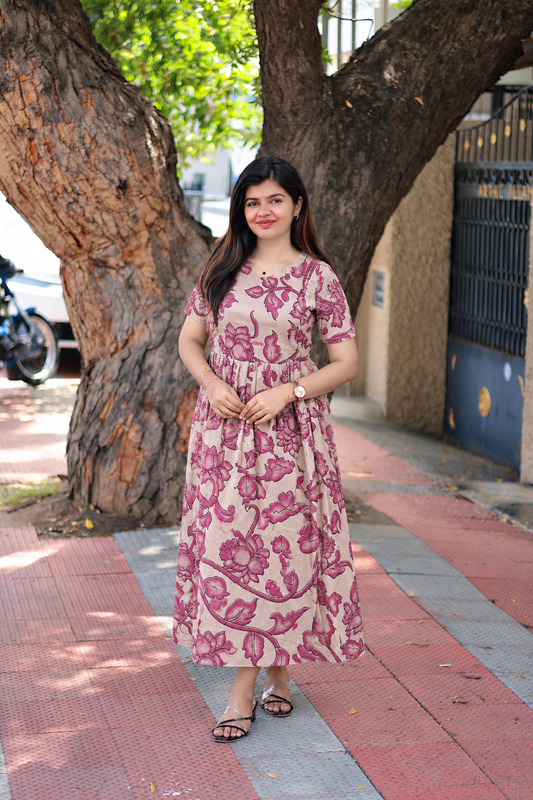 Kalamkari Cotton Maternity Feeding Gown/ maxi - double size zip- Big lotus pink