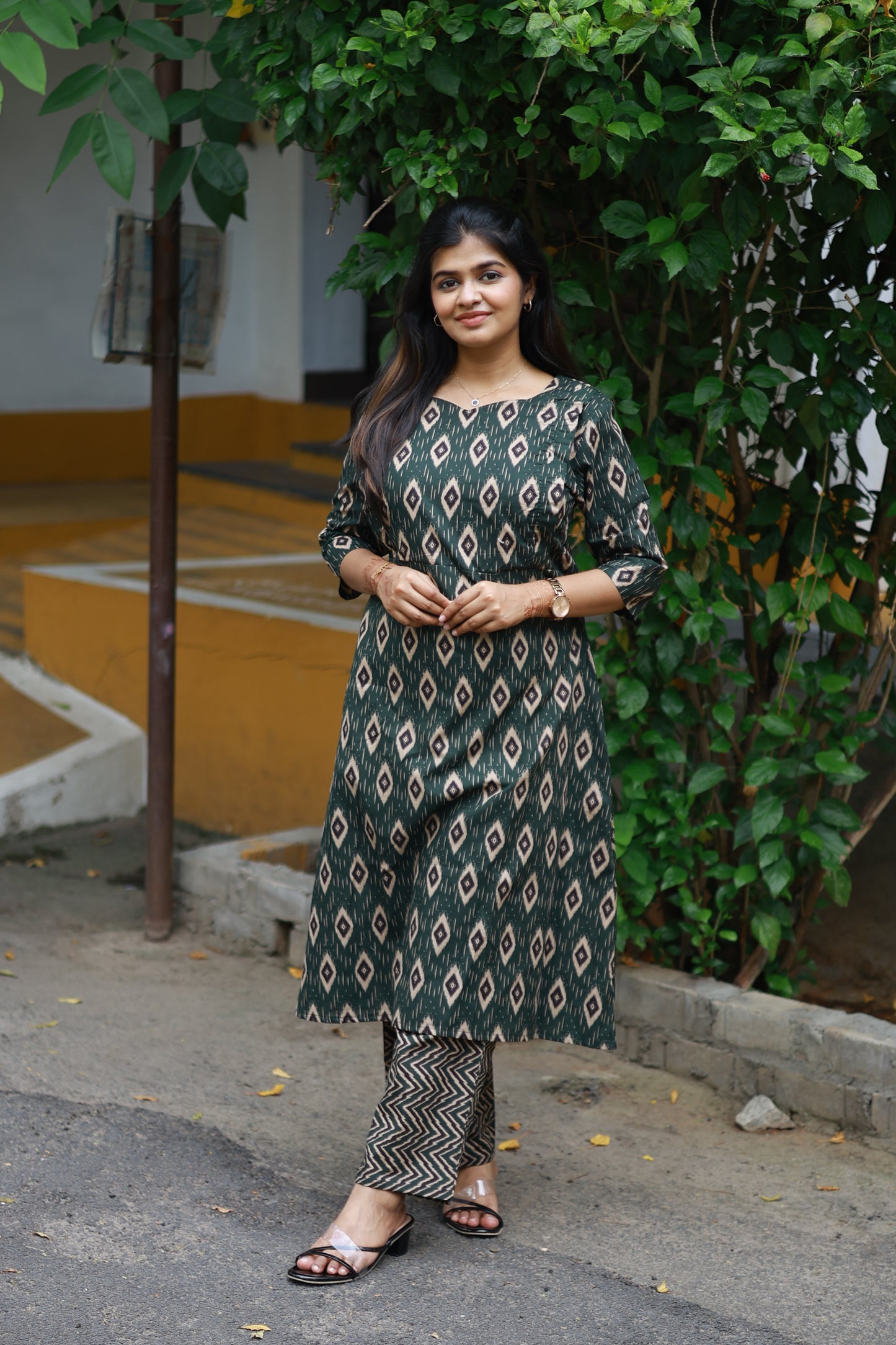 Cotton /Maternity 3 pc chudidhar set [ A line Top with double side zip, pant and dupatta] -Green ( No side open top)
