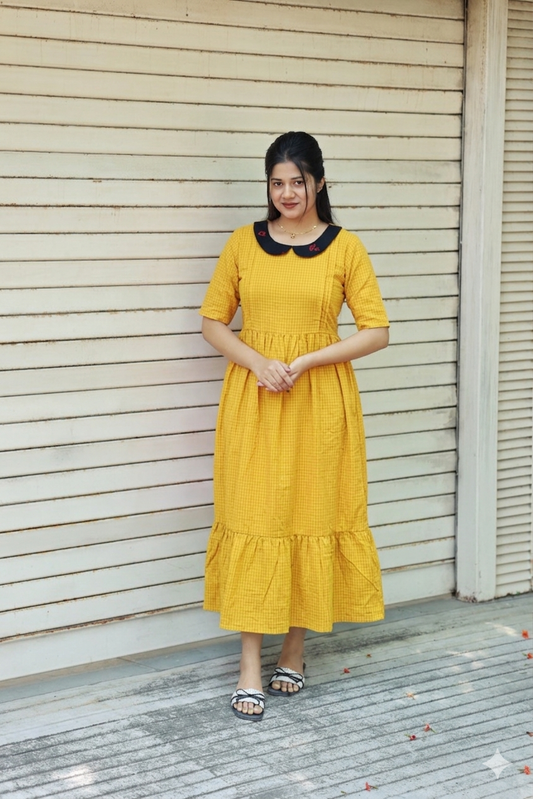 Mul Mul Cotton - Feeding/ Maternity Maxi/Gown - Cotton lining /Double side zip -  Yellow Checks