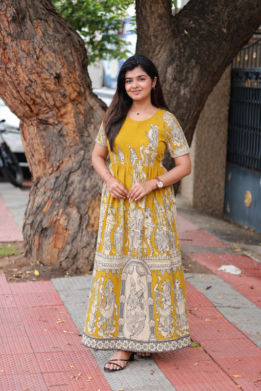 Kalamkari Cotton Maternity Feeding Gown/ Maxi /Double side zip– yellow kalamkari