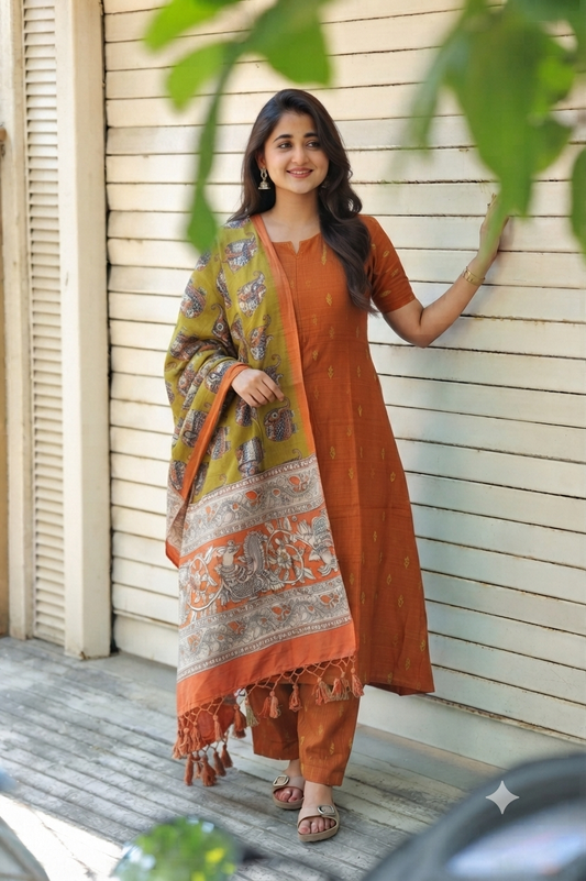 Raw silk Maternity 2 pc chudidhar set [ Top with center side zip, and dupatta - Orange ( No side open / A line kurti)