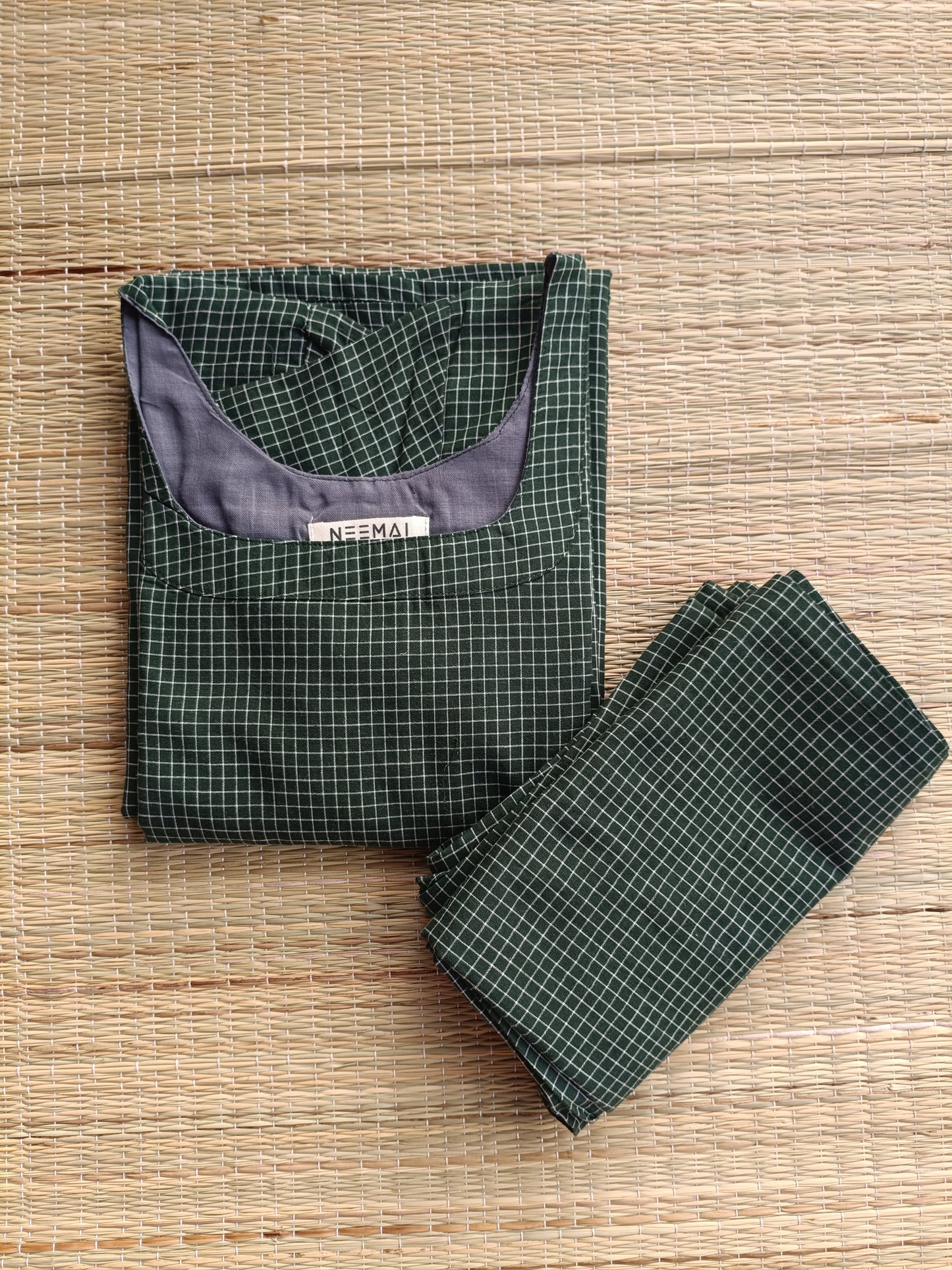 Prewashed pure Cotton checks / Maternity 2 pc Coordset [ Top with double side zip, and Pant] - Small checks Green