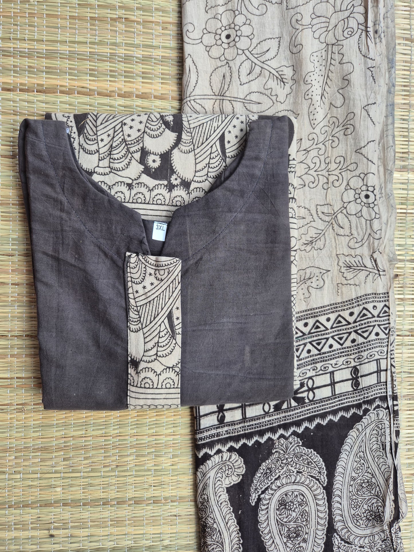 Block printed kalamkari cotton Maternity 2 pc chudidhar set [ Top with center  zip, and dupatta] -  Black - A line top and no side open