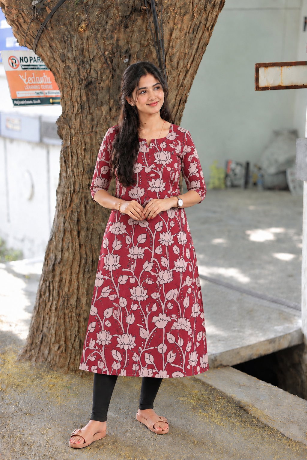 Block printed kalamkari cotton Maternity 2 pc chudidhar set [ Top with double side zip, and dupatta - Red flower