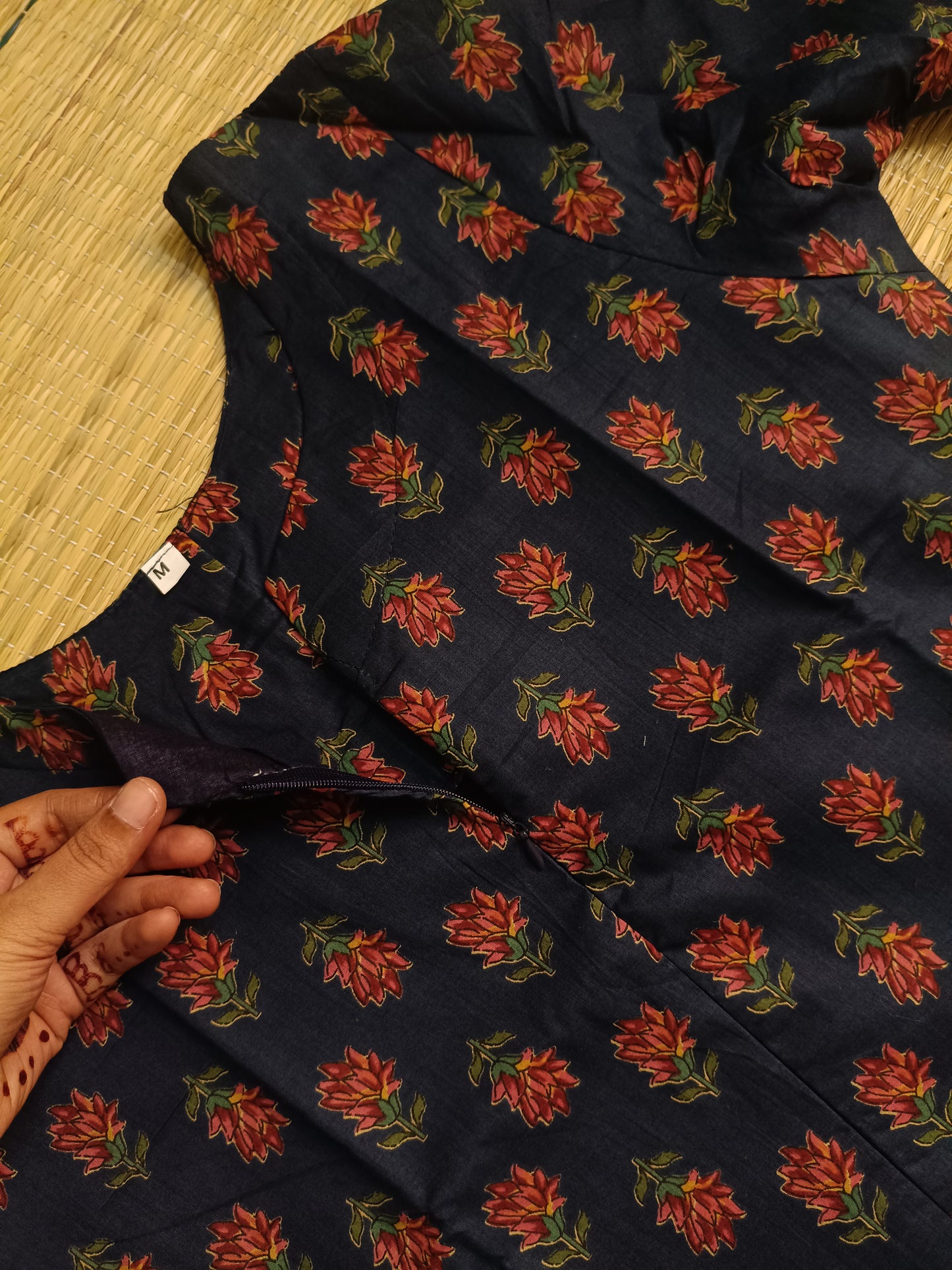 Kalamkari Cotton  A line Maternity Feeding Kurti /Center Zip(Dress length 45 inches)- Navy Mini flowers