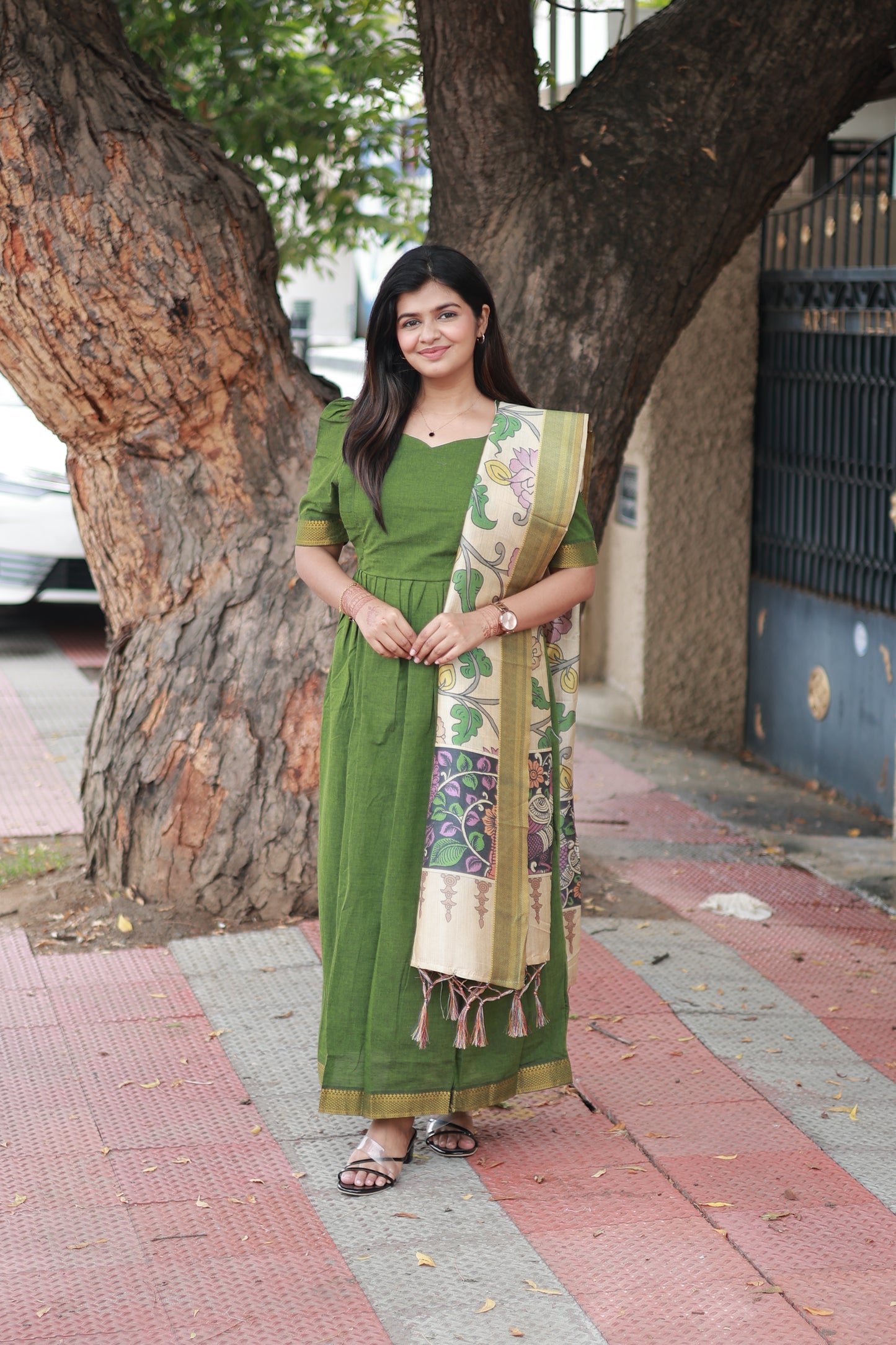Chettinad Cotton -2 pc set -Maternity Maxi/Gown - Festival Collection -Full cotton lining- Double side zip with dupatta-Green with sandal