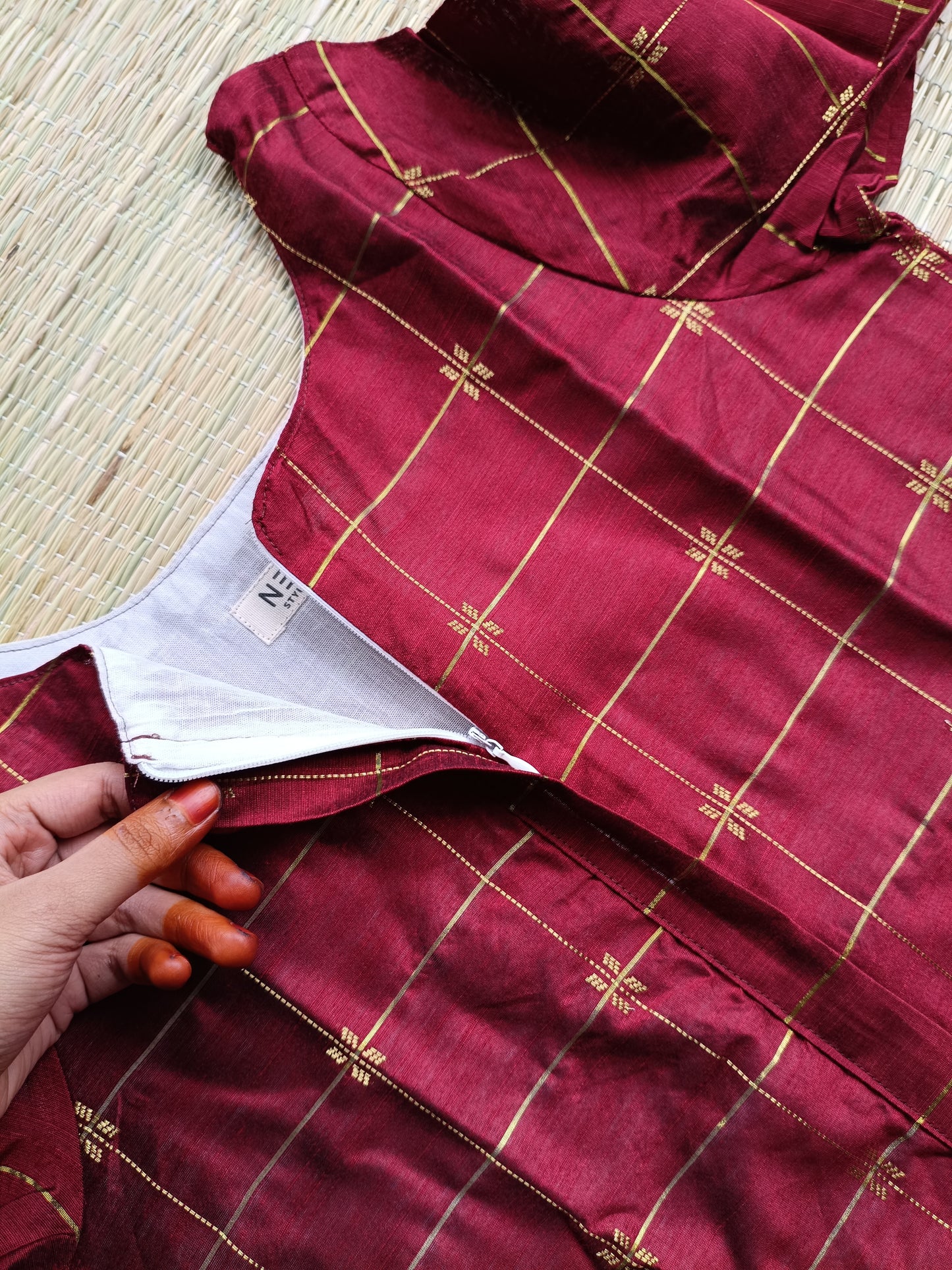 Raw Silk Center zip Cotton   Normal /Feeding kurti -  Marron checks