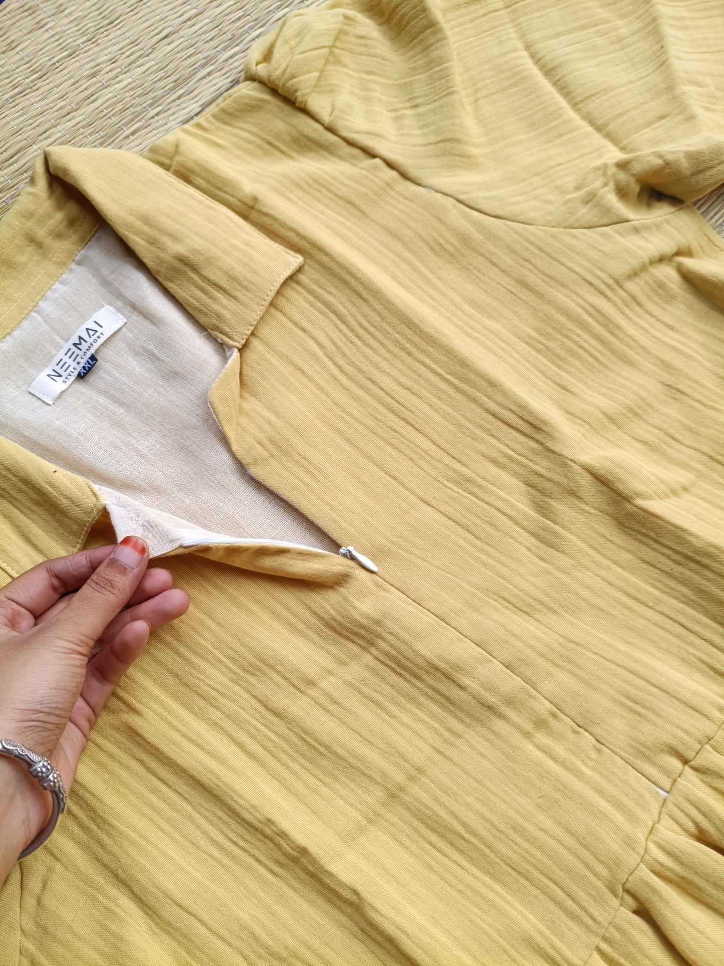 Premium Muslin - Feeding/ Maternity Maxi/Gown - Cotton lining with Center zip -Collar yellow