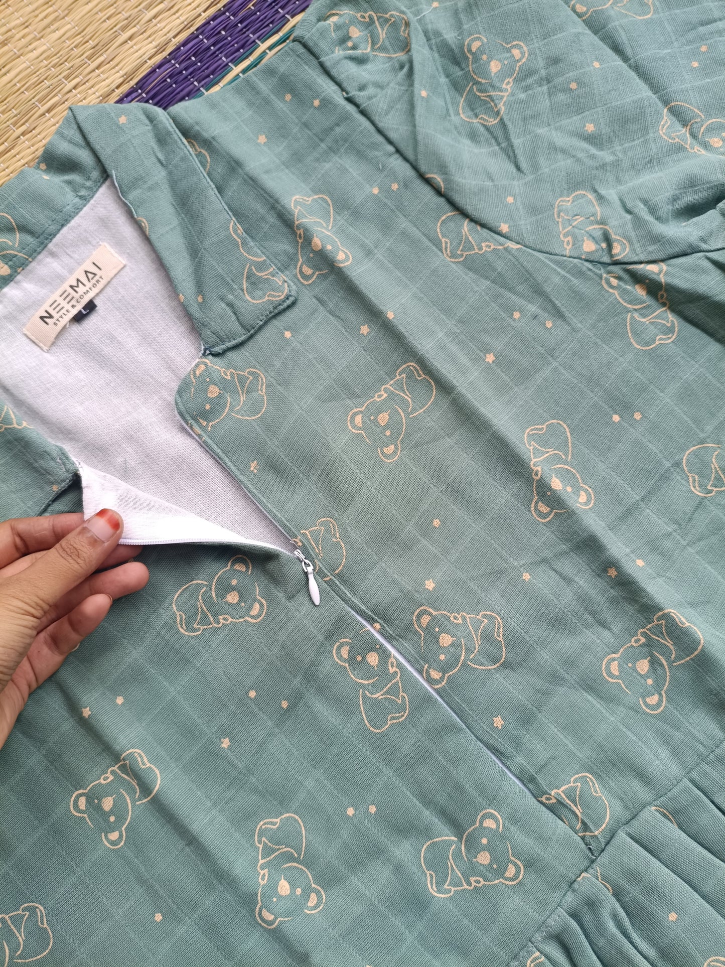 Premium Muslin - Feeding/ Maternity Maxi/Gown - Cotton lining with Center zip -Collar sandal teddy🧸