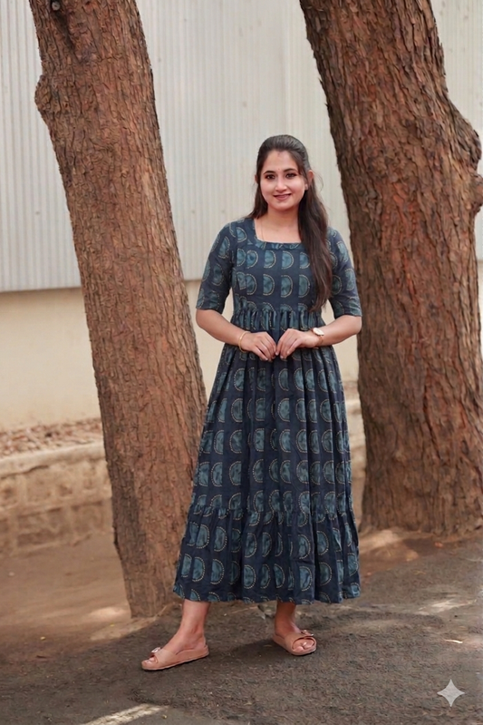 Cotton - Feeding/ Maternity Maxi/Gown - Cotton lining /Double side zip  - Blue Chakkara