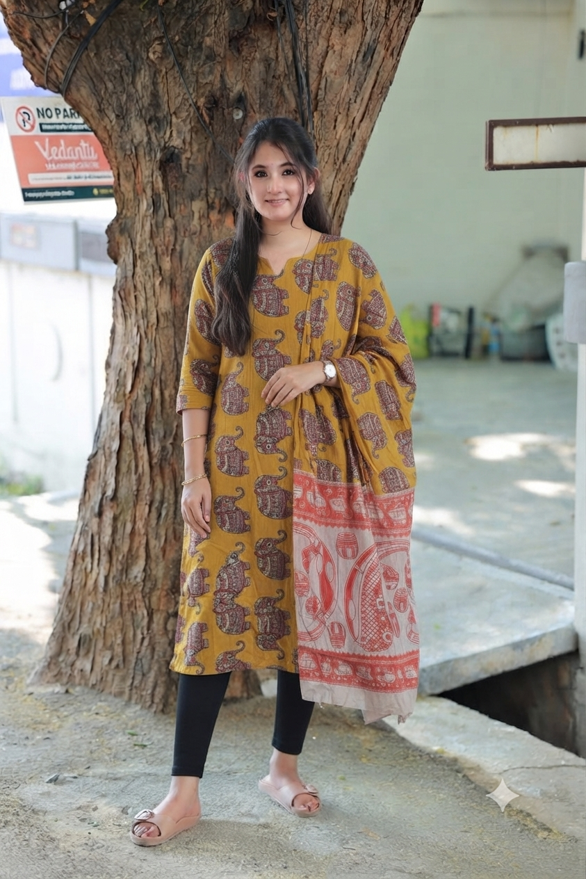 Block printed kalamkari cotton Maternity 2 pc chudidhar set [ Top with double side zip, and dupatta - Yellow elephant