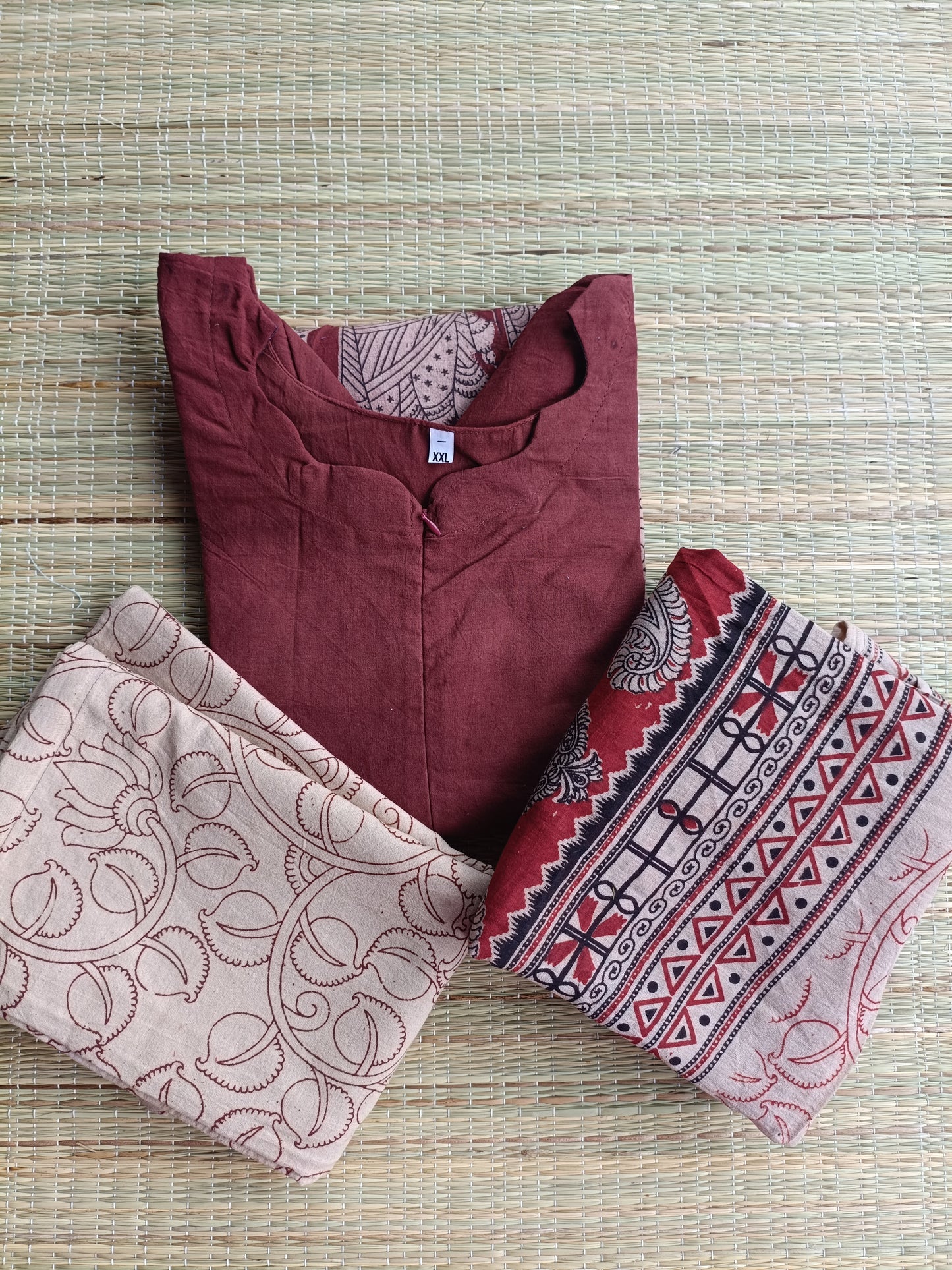 Block printed kalamkari cotton  3 pc chudidhar set [ Top with center zip, pant and dupatta] - Brown  Kalamkari