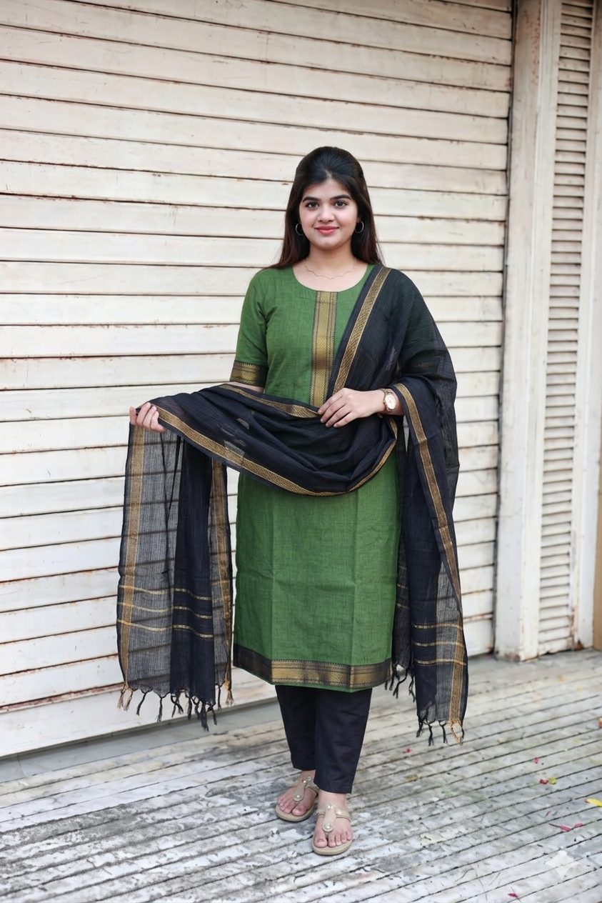 Handloom Chettinadu cotton Maternity 3 pc chudidhar set [ Top with center zip, pant and dupatta] -  Olive green