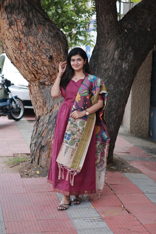 Chettinad Cotton -2 pc set -Maternity Maxi/Gown - Festival Collection -Full cotton lining- Double side zip with dupatta-Vaadamalli