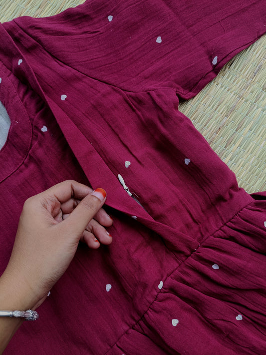 Premium Muslin- Feeding/ Maternity Maxi/Gown - Cotton lining /Double side zip - Maroon with white heart
