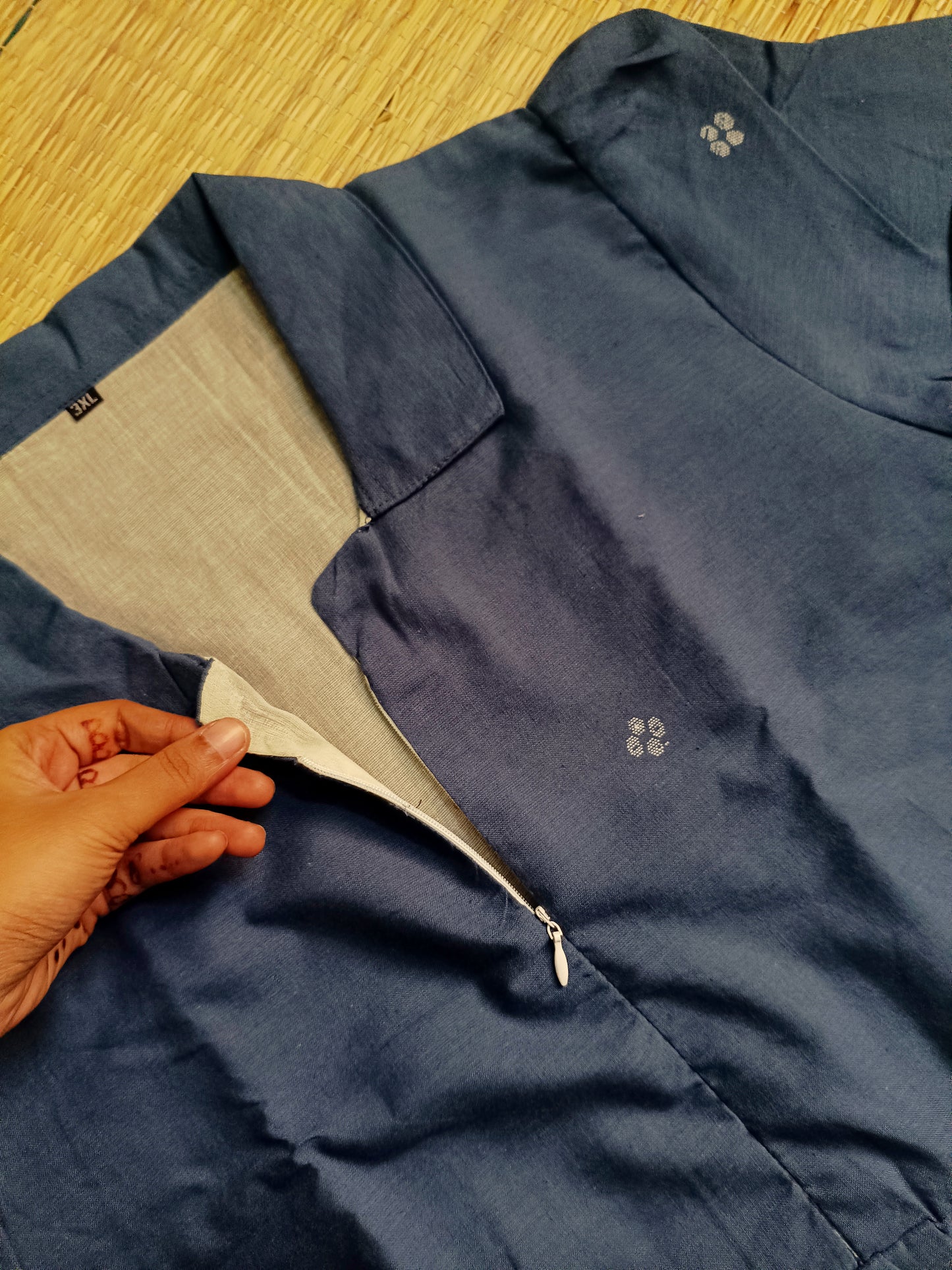 Prewashed Handloom Jamdani - Maternity / Feeding - Maxi/Gown - Cotton Lining - Center zip- Collar Dark blue