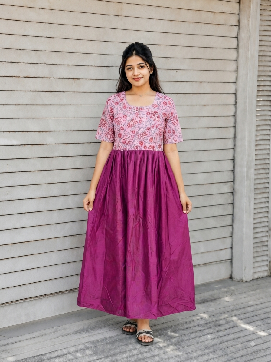 Cotton / Raw silk Maternity Maxi/Gown in center zip - Festival Collection- Full cotton lining - Light Pink with dark pink