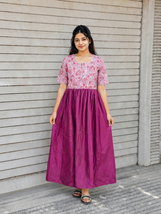Cotton / Raw silk Maternity Maxi/Gown in center zip - Festival Collection- Full cotton lining - Light Pink with dark pink