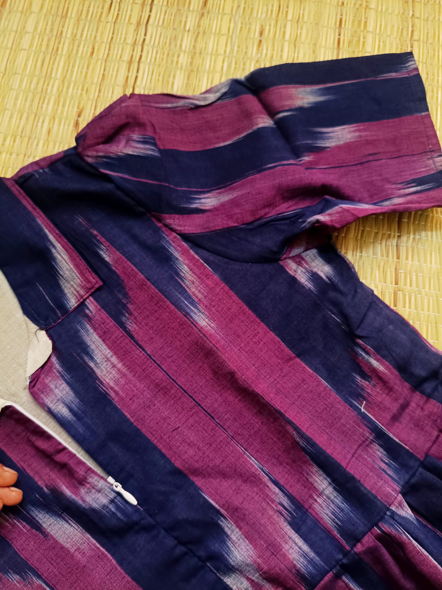 Ikkat Cotton Maternity Feeding Gown/ Maxi / Center zip– purple with Navy blue