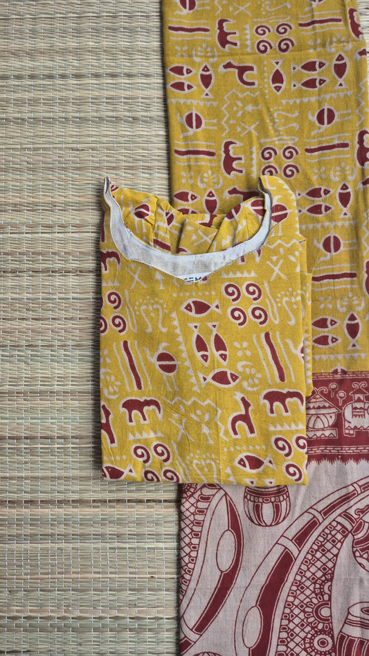 Block printed kalamkari cotton Maternity 2 pc chudidhar set [ Top with double side zip, and dupatta - Yellow fish