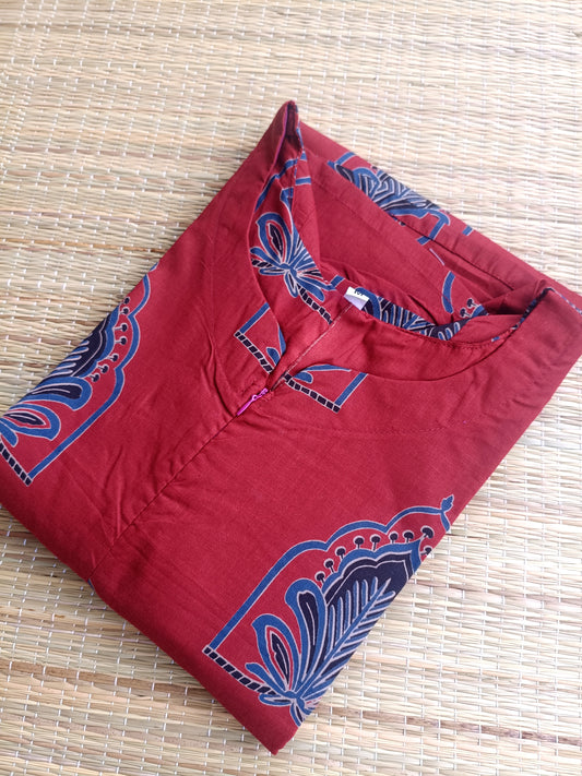 Kalamkari Cotton  A line Maternity Feeding Kurti /Center Zip(Dress length 45 inches)- Red