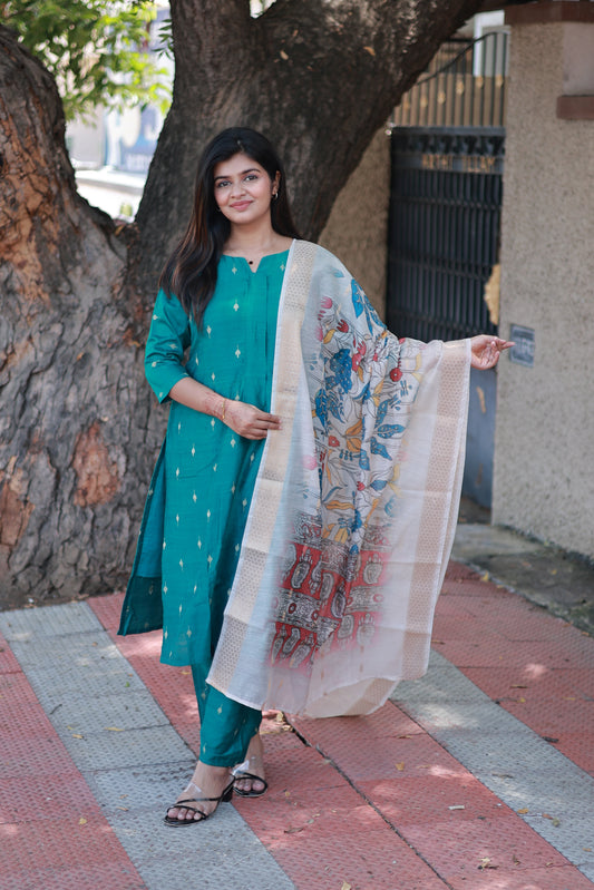 Raw silk Maternity 3 pc chudidhar set [ Top with center side zip,  Pant and dupatta - Peacock green ( Side open top)