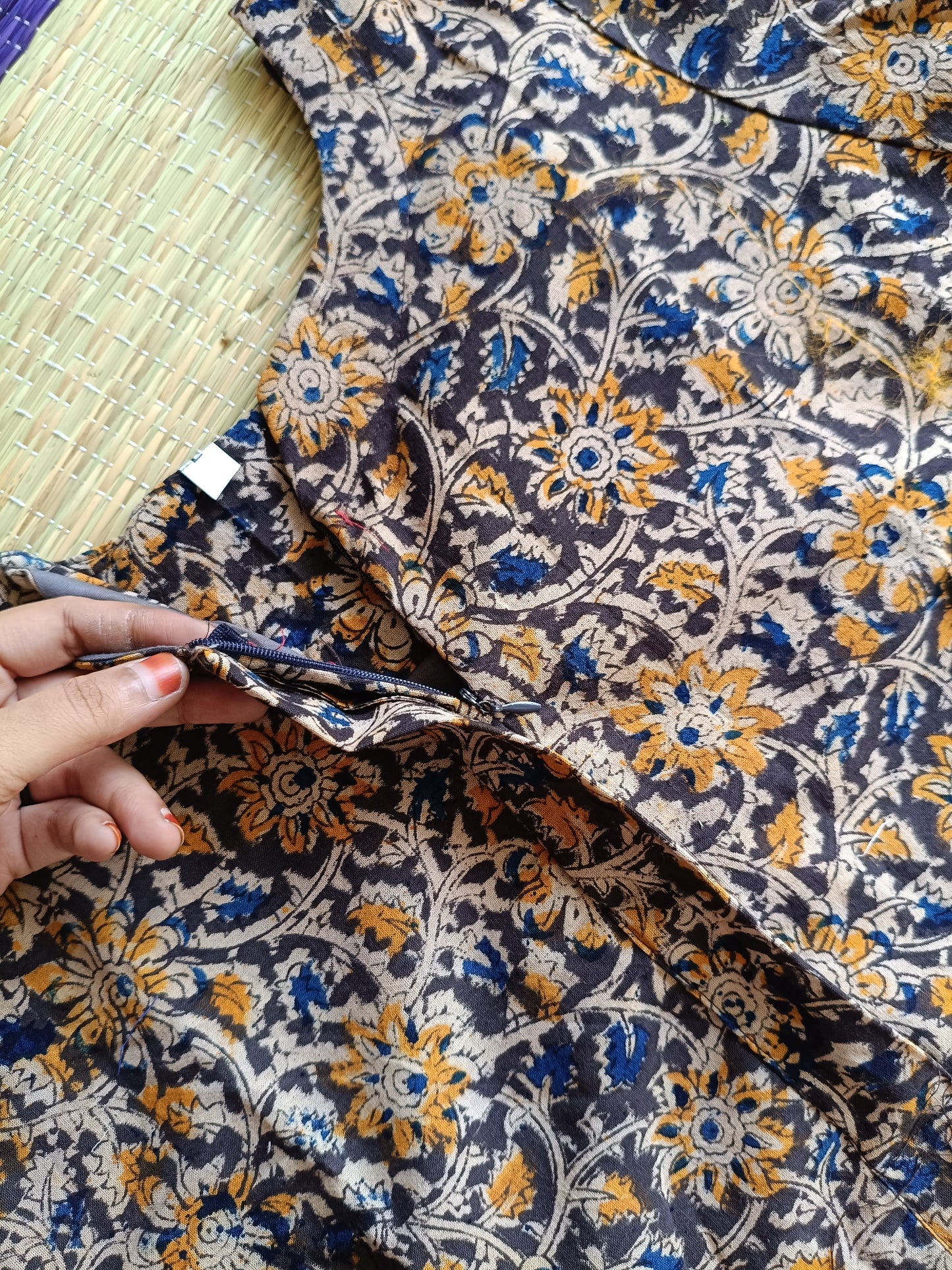 Block printed kalamkari cotton Maternity 2 pc chudidhar set [ Top with center side zip, and dupatta - Leaf red kalamkari (A line top) - flower navy kalamkari
