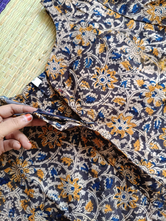 Block printed kalamkari cotton Maternity 2 pc chudidhar set [ Top with center side zip, and dupatta - Leaf red kalamkari (A line top) - flower navy kalamkari