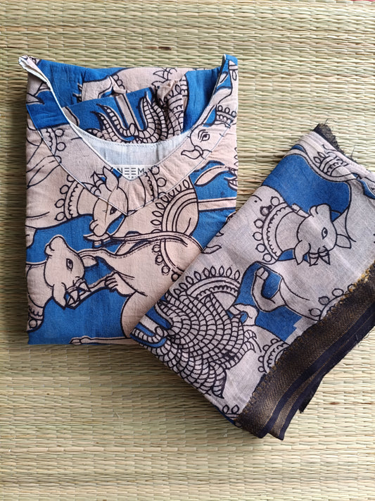 Block printed kalamkari cotton Maternity 2 pc chudidhar set [ Top with Double side zip, and dupatta - Sandal pichwai blue