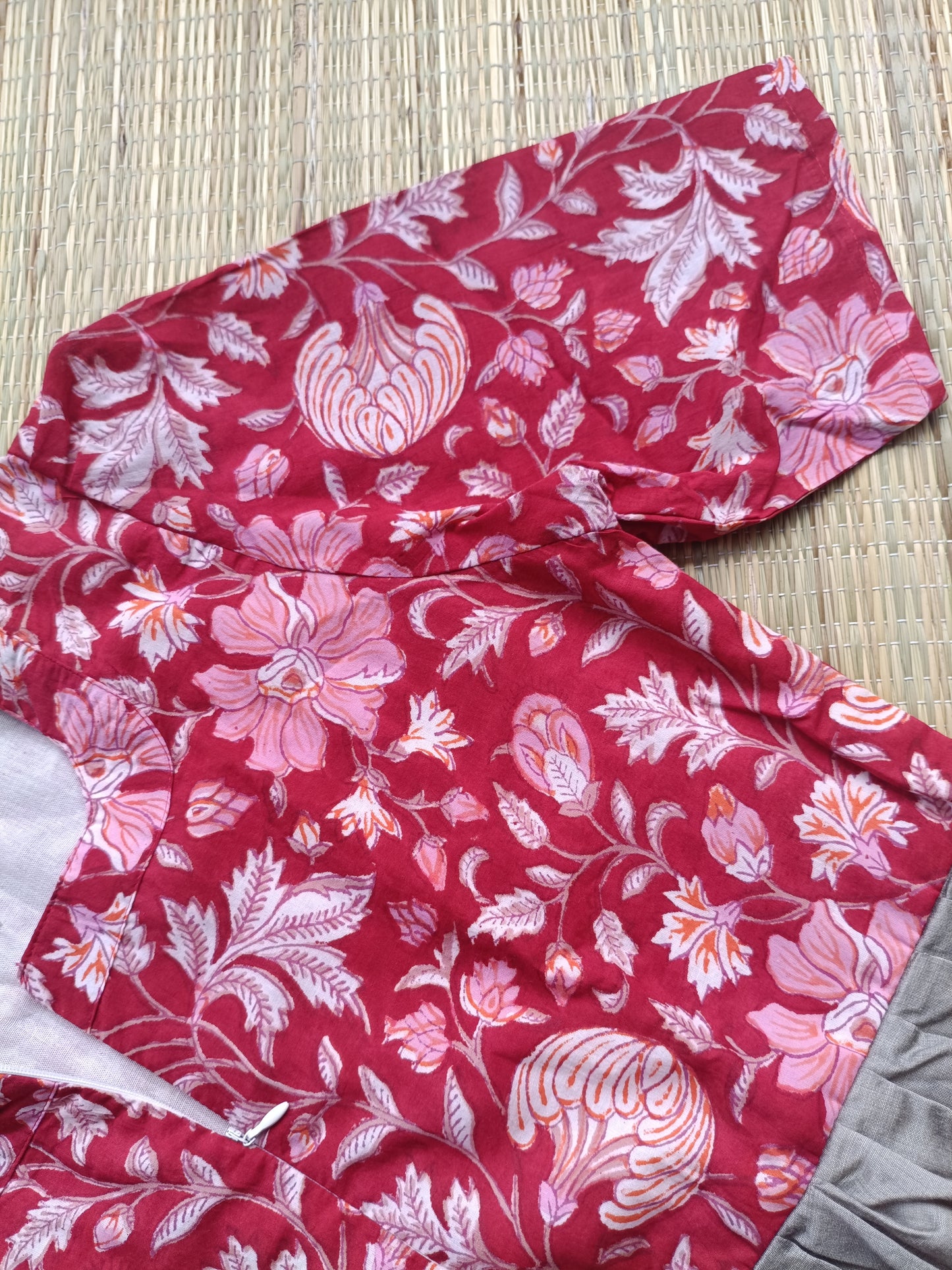 Cotton / Raw silk Maternity Maxi/Gown in center zip - Festival Collection- Full cotton lining - silver with red leaf