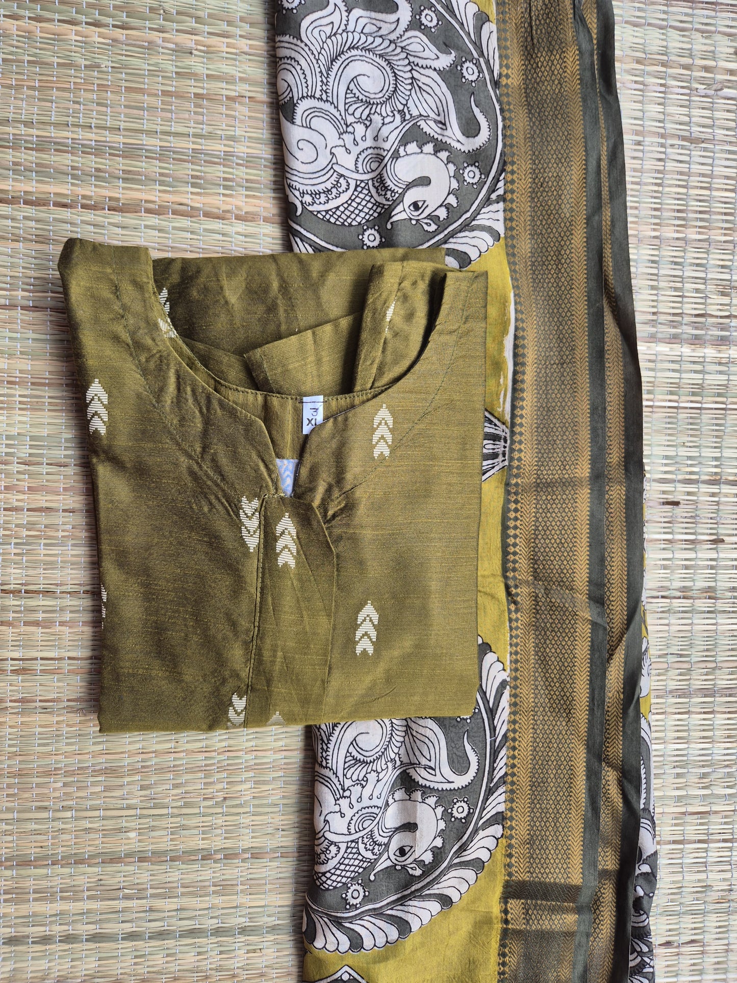 Raw silk Maternity 2 pc chudidhar set [ Top with center side zip, and dupatta - Olive green