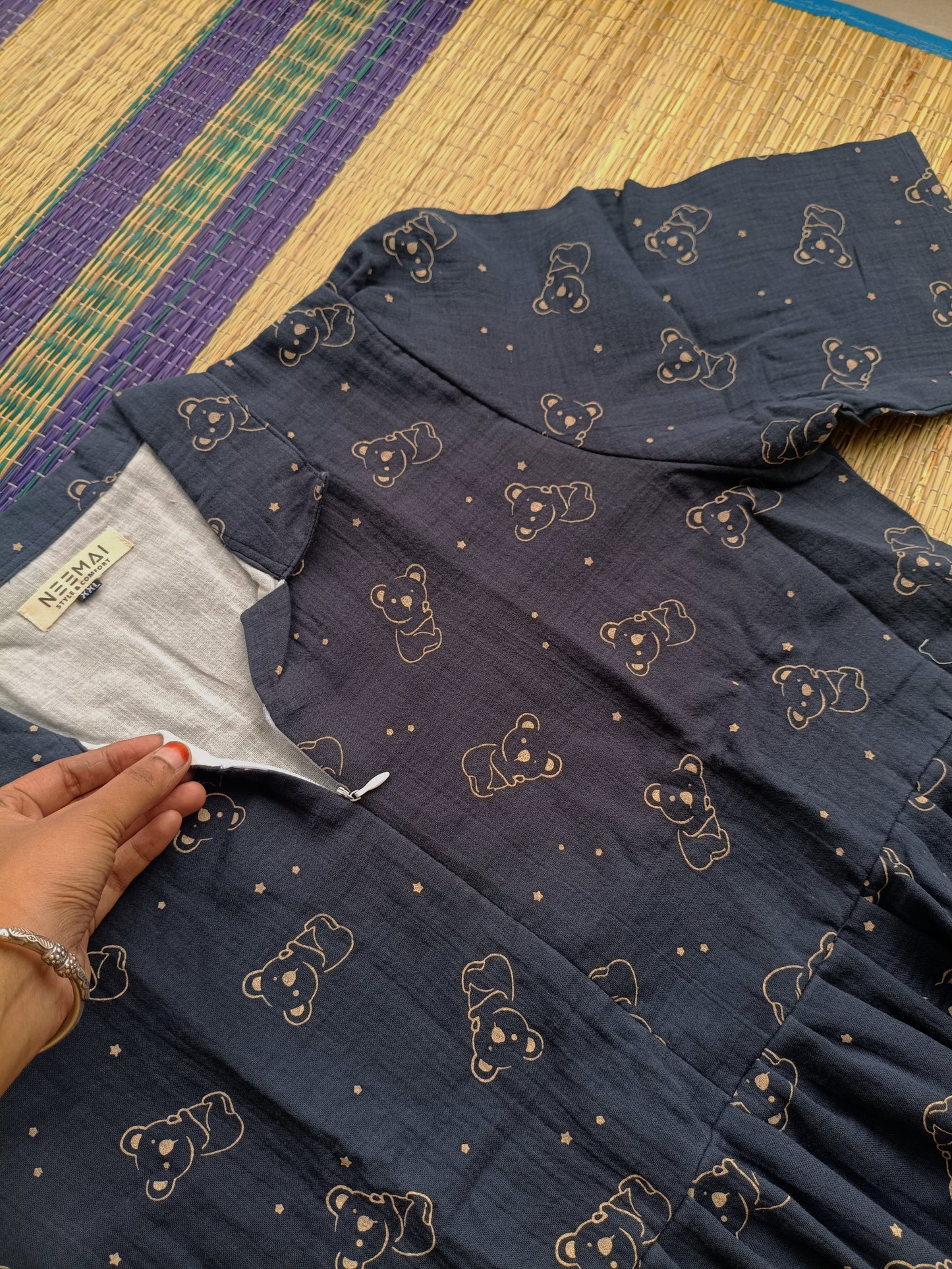 Premium Muslin - Feeding/ Maternity Maxi/Gown - Cotton lining with Center zip -Collar Panda 🐼