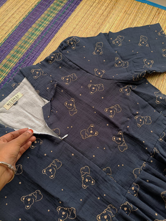 Premium Muslin - Feeding/ Maternity Maxi/Gown - Cotton lining with Center zip -Collar Panda 🐼