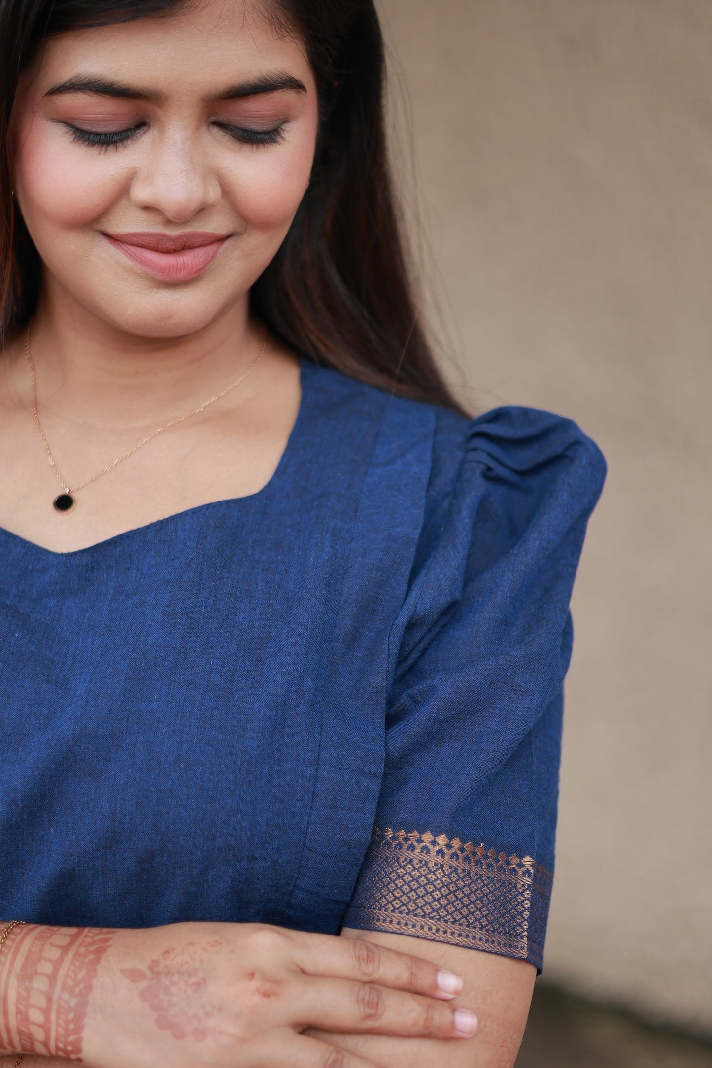 Chettinad Cotton -2 pc set -Maternity Maxi/Gown - Festival Collection -Full cotton lining- Double side zip with dupatta- Navy blue And Sandal