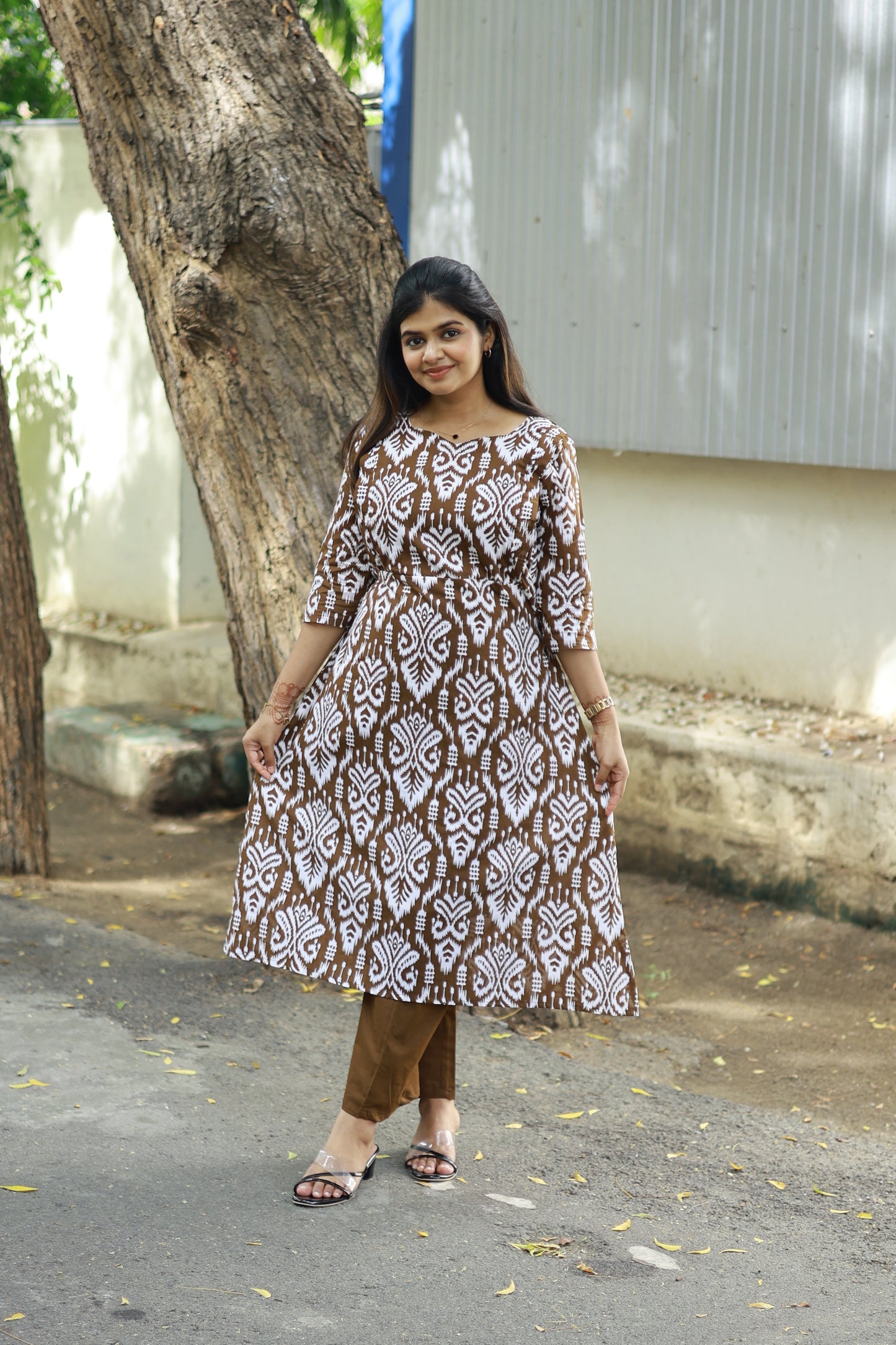 Cotton /Maternity 3 pc chudidhar set [ A line Top with double side zip, pant and dupatta] - Coffee brown with white ( No side open top)