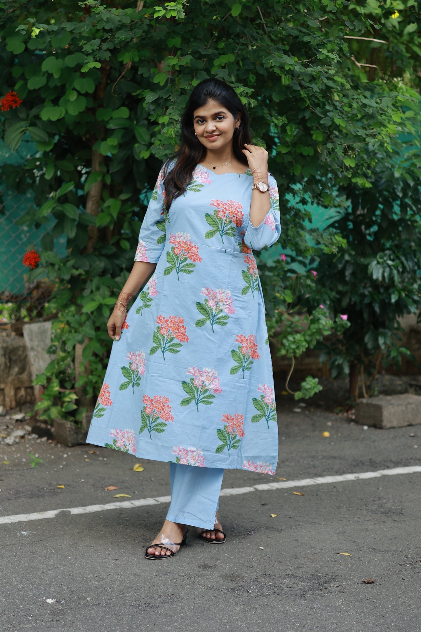 Cotton /Maternity 3 pc chudidhar set [ A line Top with double side zip, pant and dupatta] -Blue with orange flower ( No side open top)