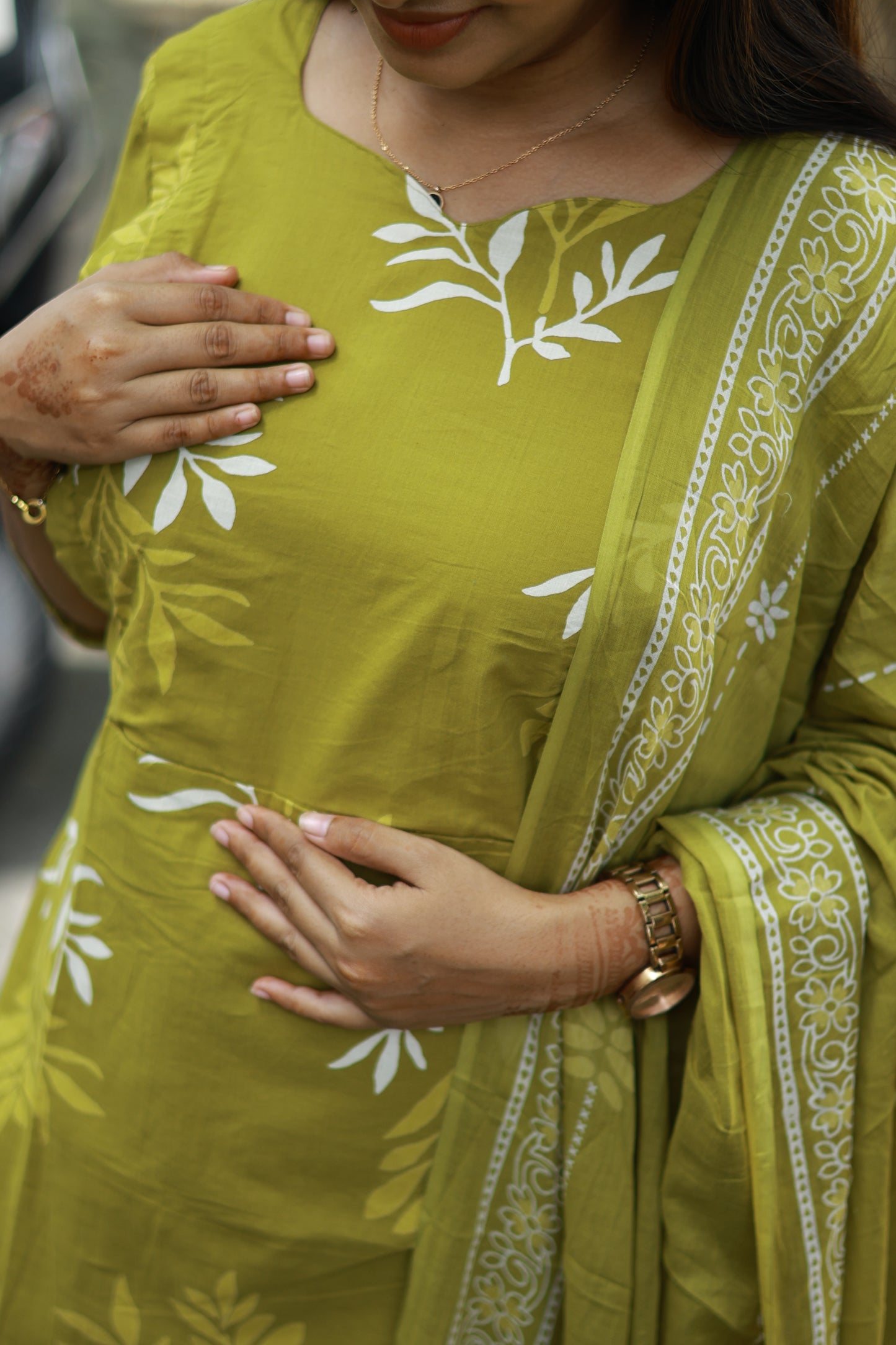 Cotton /Maternity 3 pc chudidhar set [ A line Top with double side zip, pant and dupatta] -Olive green ( No side open top)