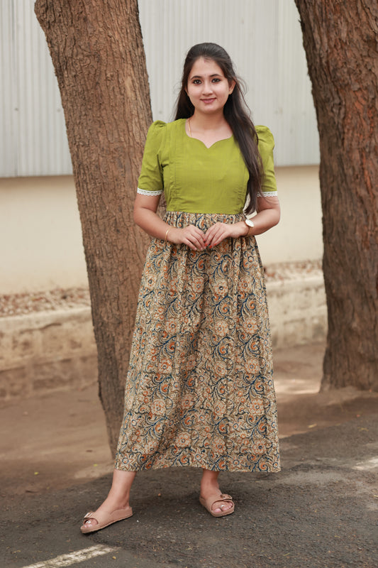  Kalamkari Cotton - Feeding/Maternity- Maxi/Gowns- Double side zip- Often made using cotton base fabrics and natural dyes, Skin friendly, Breathable cotton ,Maternity-friendly fit